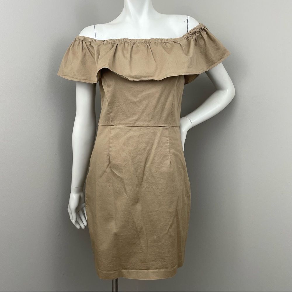 1. STATE Khaki Tan Off The Shoulder Ruffle Cotton Dress